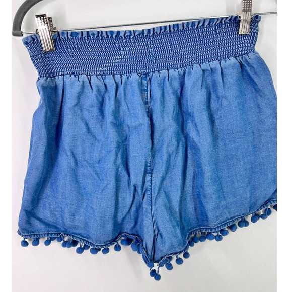TGLA Casual Shorts Blue Elastic Waist Pom Pom Lace 100% Tencel Pull On Women's M - Picture 3 of 7